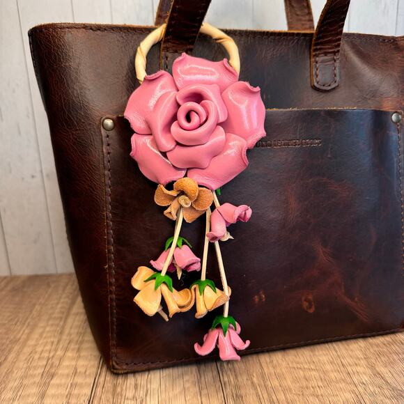 Leather Light Pink Rose Purse Charm Genuine Leather Rose Flower Bag Charm - Picture 2 of 7